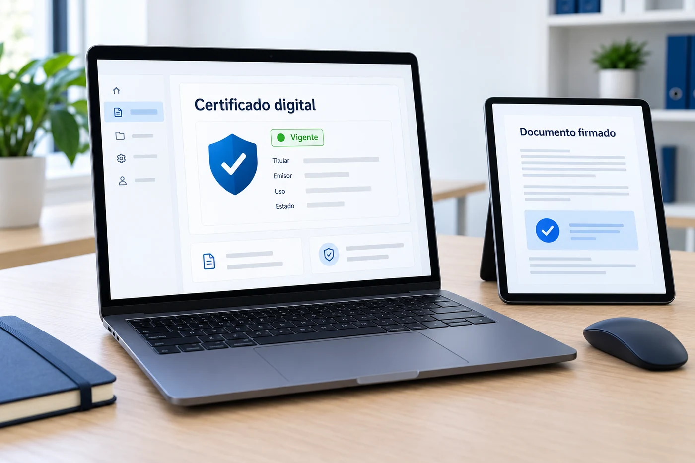 Laptop con un certificado digital y tablet con un documento firmado electrónicamente