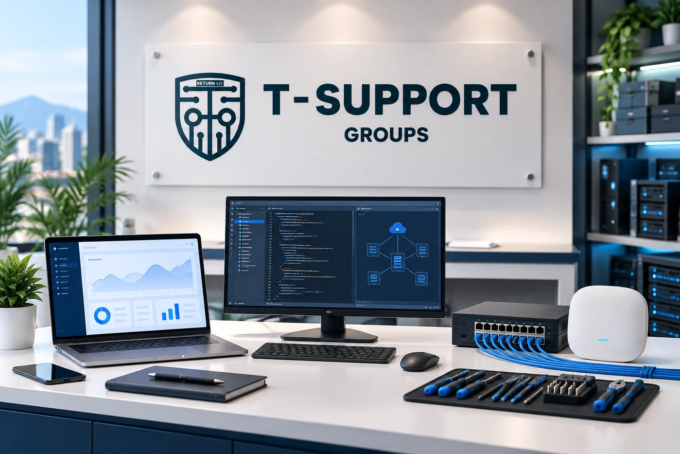 Composición ilustrativa de T-Support Groups con equipos, software, redes y herramientas de soporte