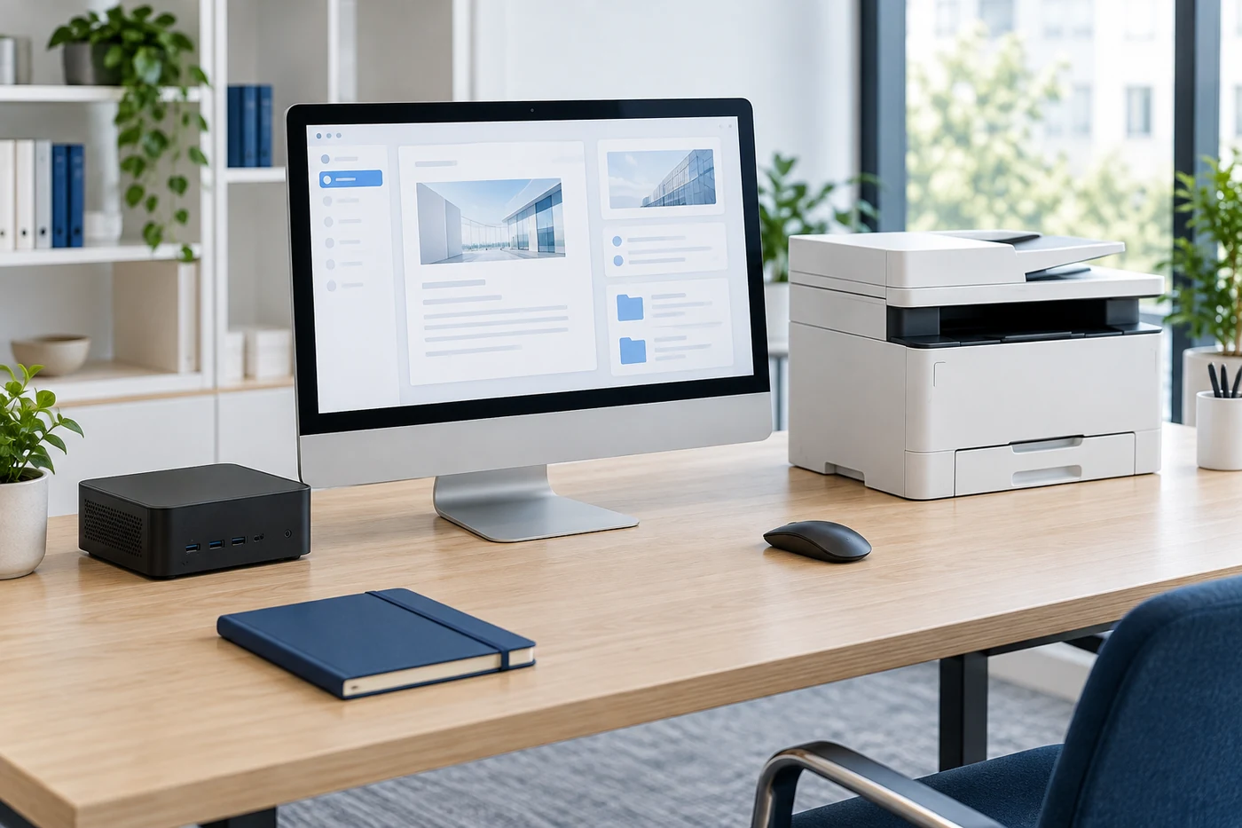 Computadora todo en uno, mini PC e impresora para un puesto de trabajo empresarial