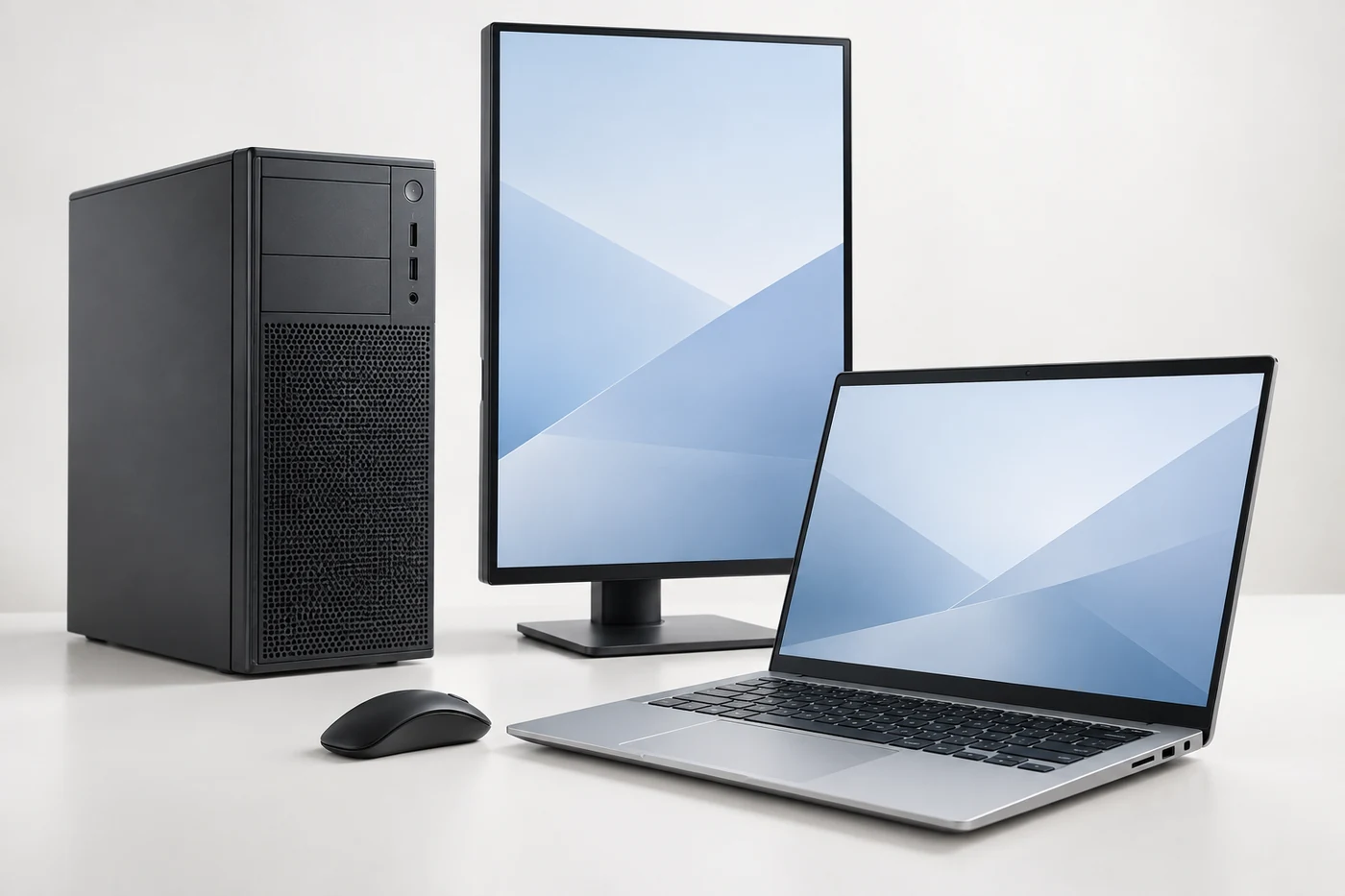 Computadora de escritorio, monitor vertical y laptop para equipamiento de negocios