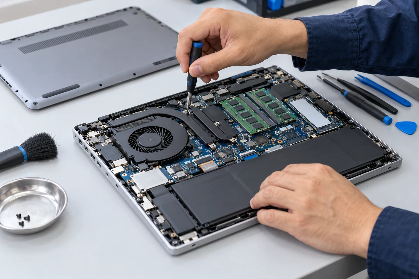 Mantenimiento de una laptop abierta con herramientas de reparación