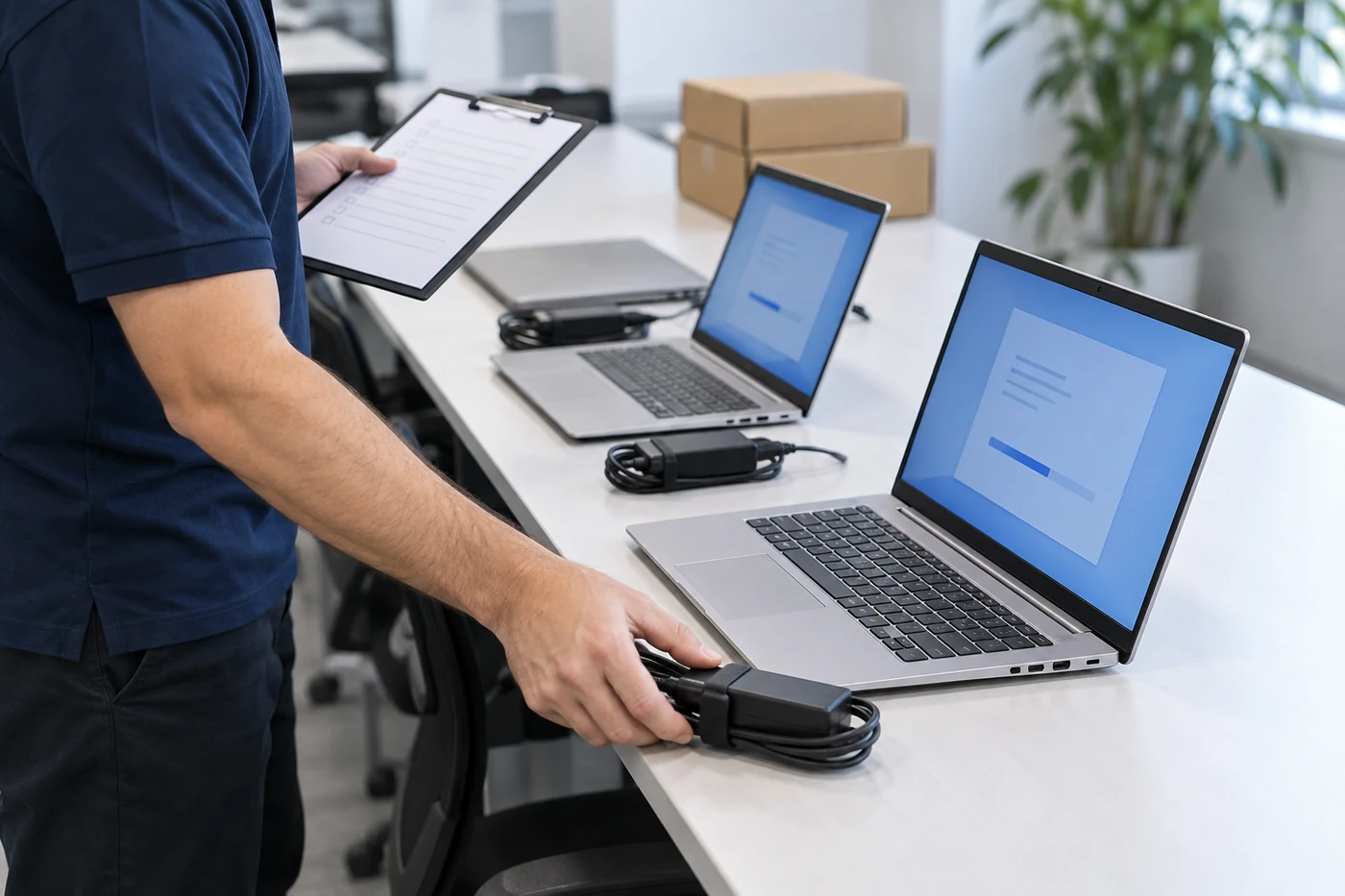Preparación de laptops y adaptadores para equipar los puestos de trabajo de una oficina