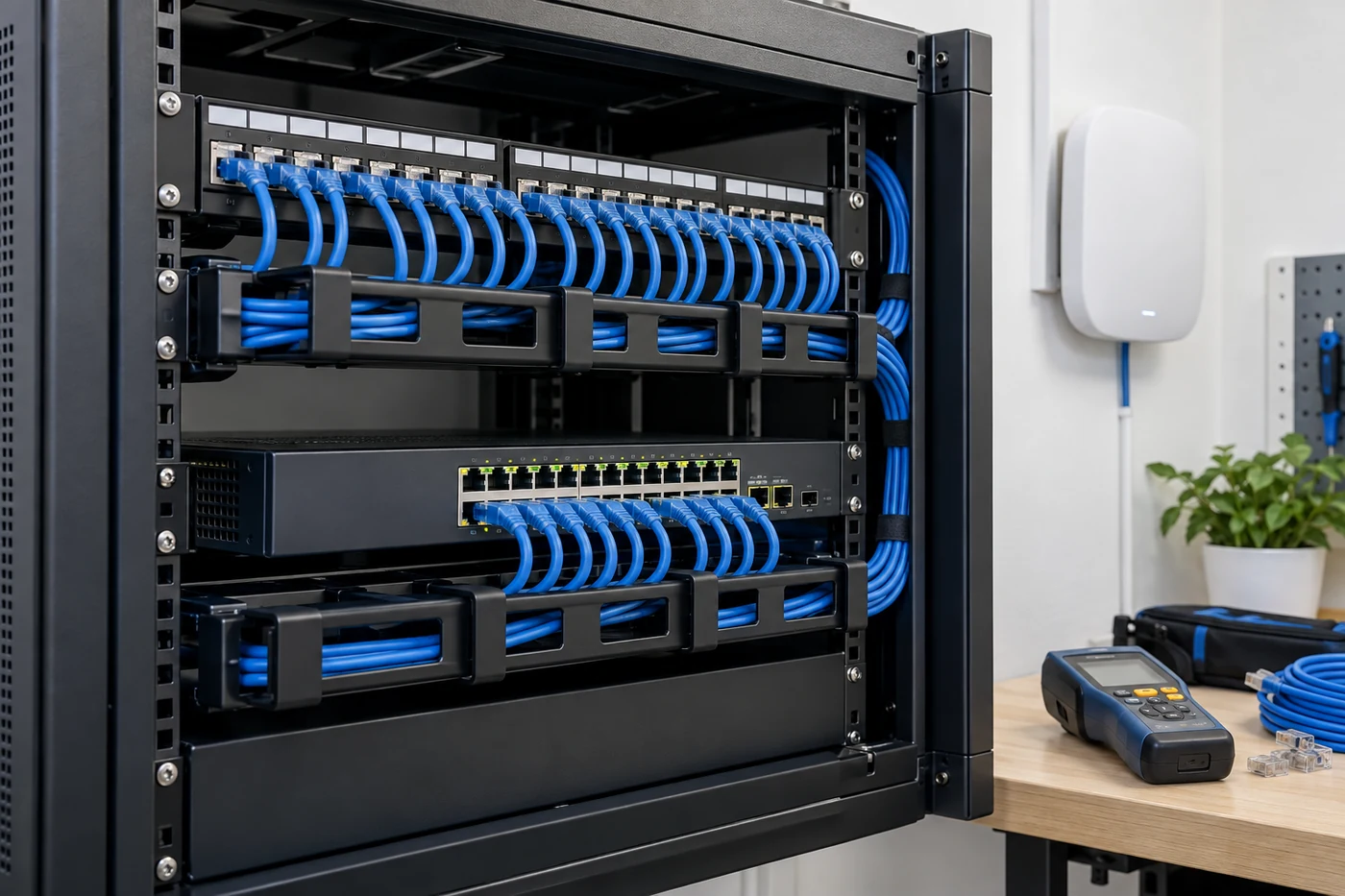 Rack con panel de conexiones, switch y cableado de red organizado