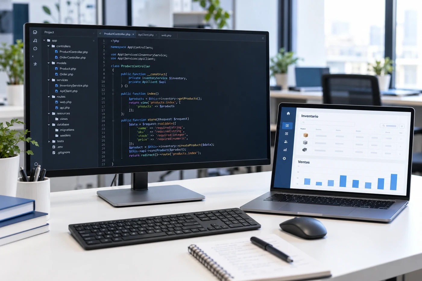 Estación de desarrollo con código en un monitor y aplicación de inventario y ventas en una laptop