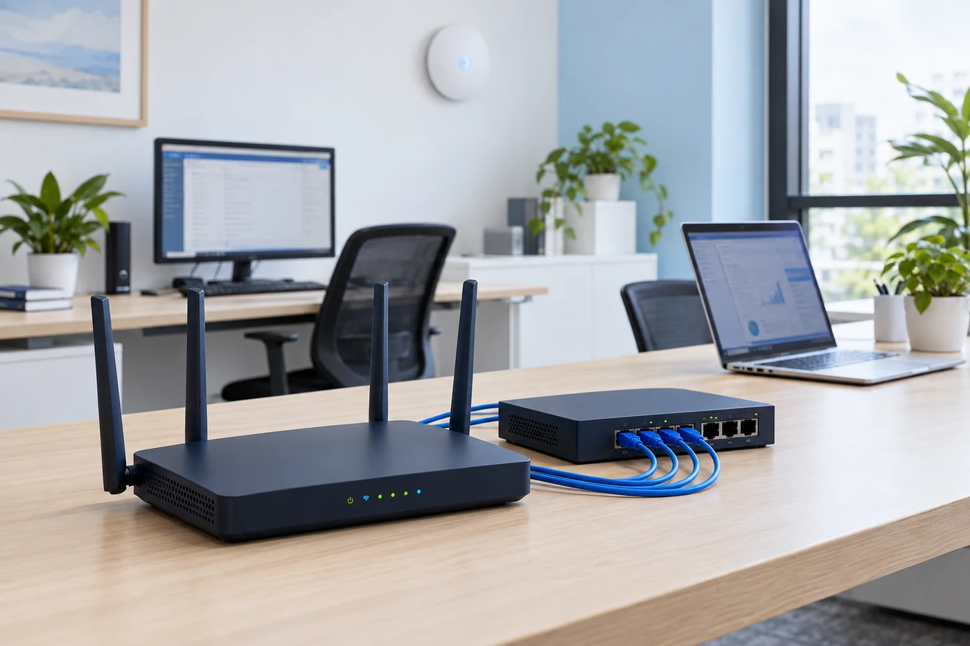 Router, switch y computadoras conectadas en una oficina con punto de acceso Wi-Fi