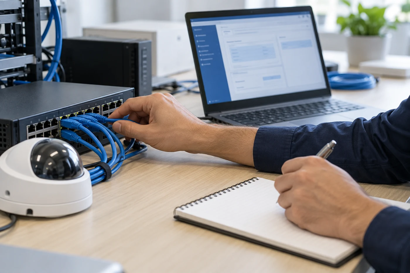 Revisión de conexiones de red con un switch, cámara de seguridad y laptop de configuración