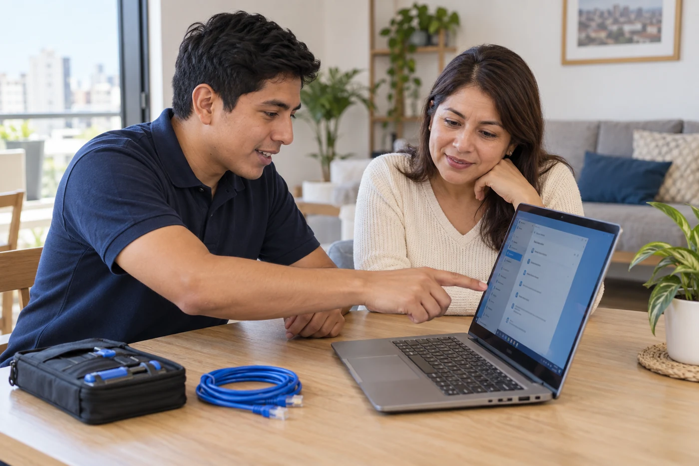 Técnico que ayuda a una clienta con su laptop en una sala de casa