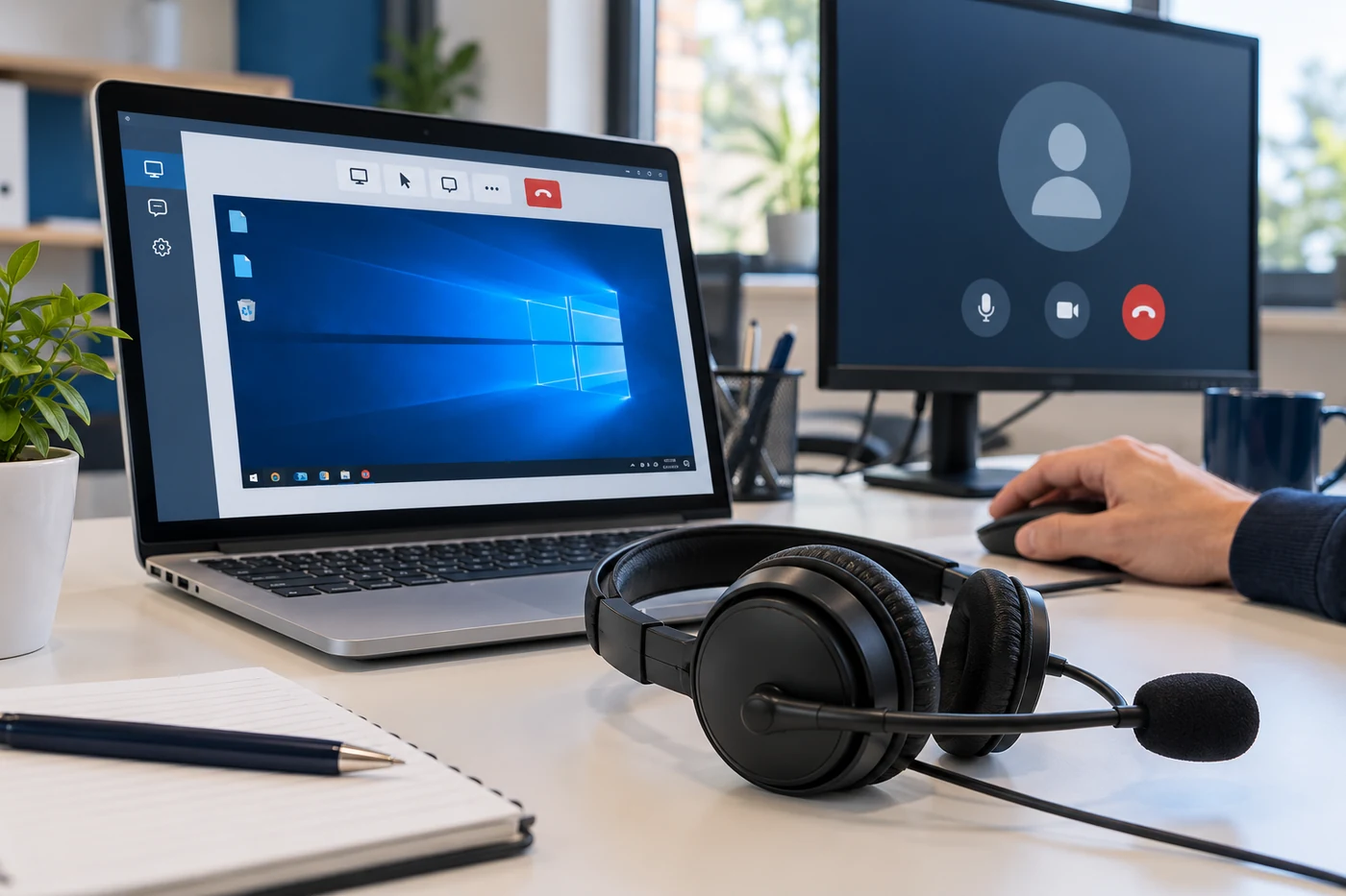 Asistencia remota con una laptop, sesión de escritorio y auriculares con micrófono