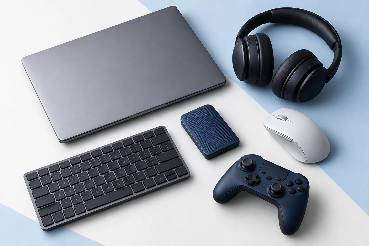 Laptop cerrada, audífonos, teclado, mouse, SSD externo y mando de videojuegos