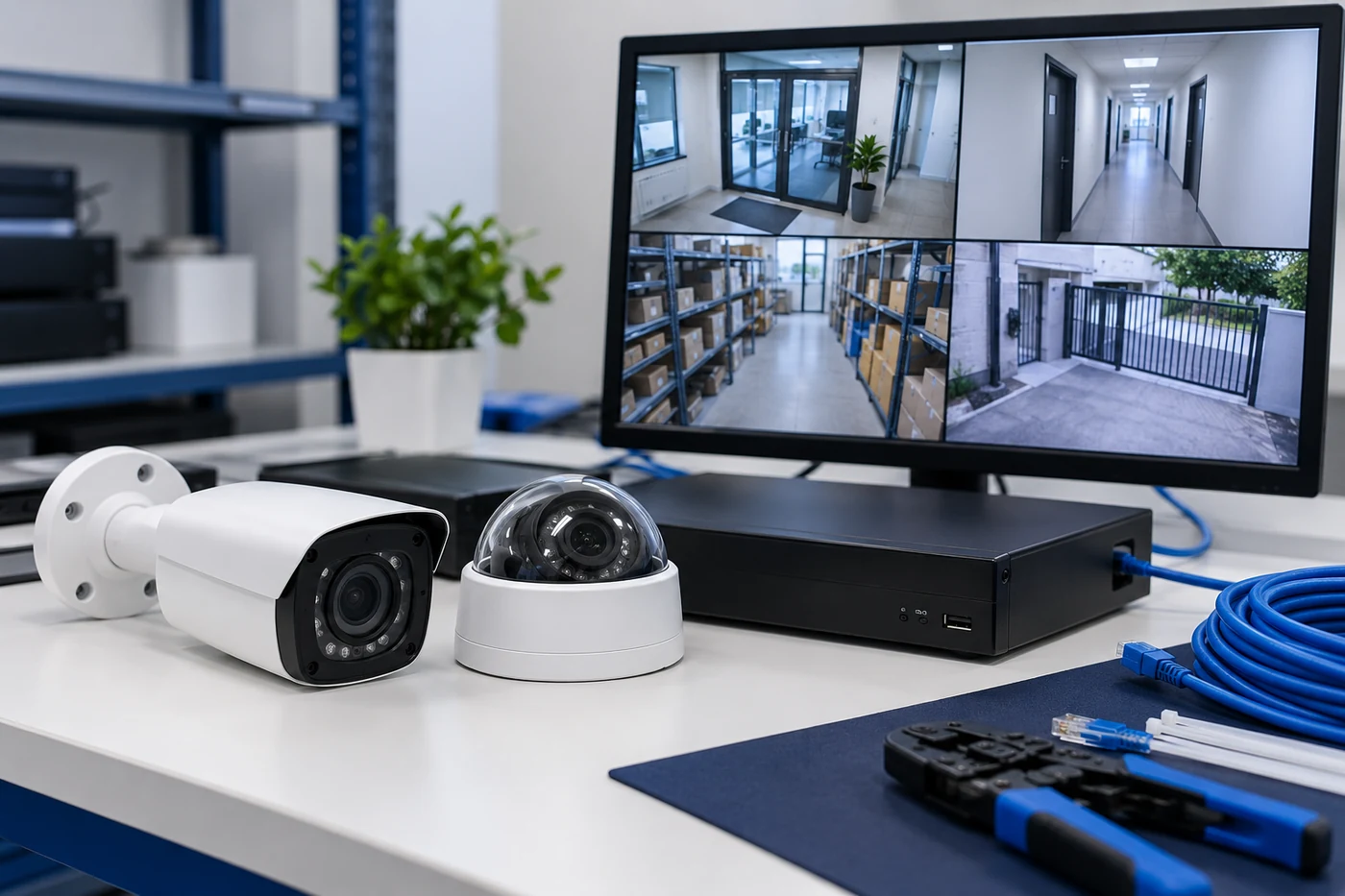 Cámaras de seguridad bullet y domo, grabador y monitor con vistas de videovigilancia